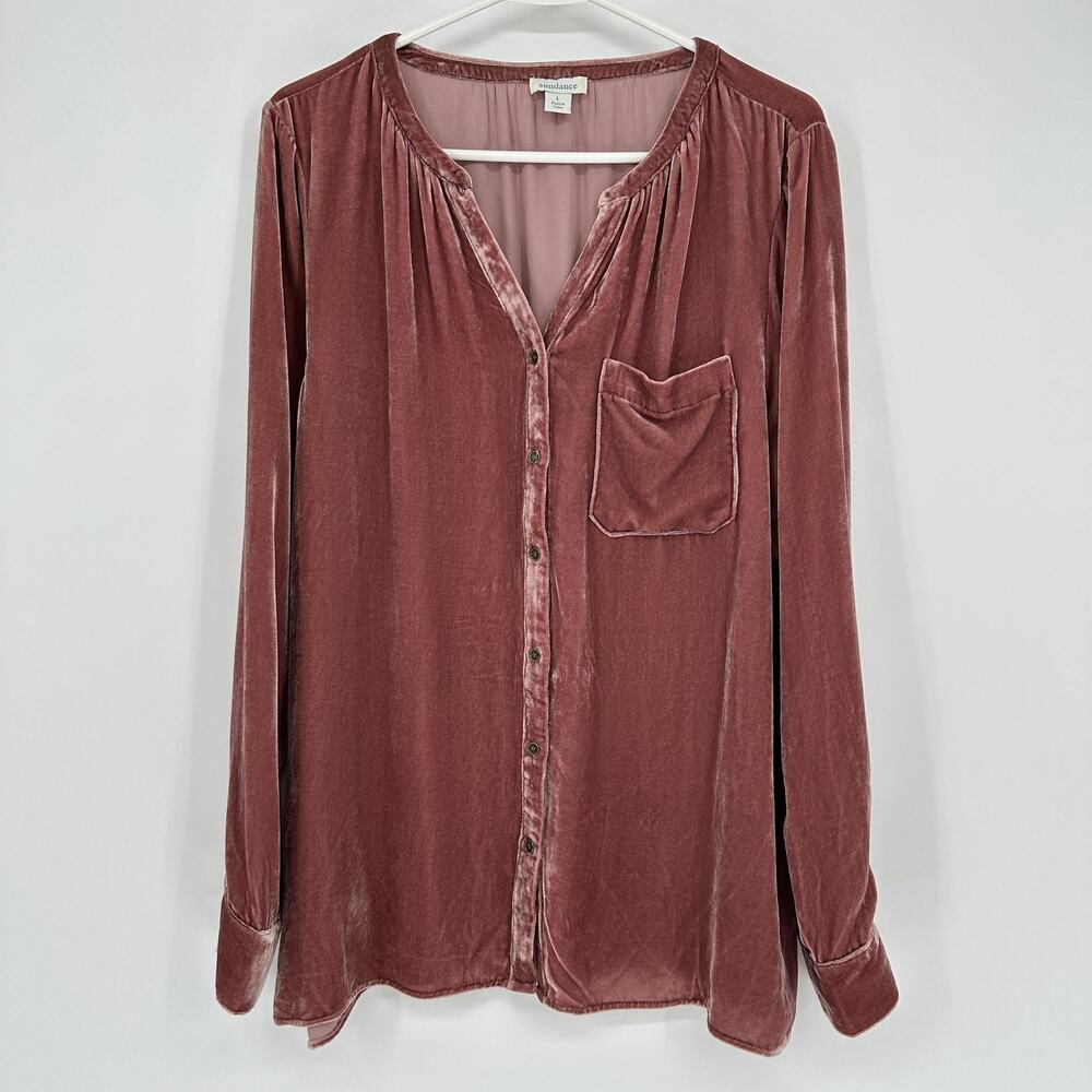 Sundance Shirt Womens Large Mauve Velvet Silk Blend Button Front Long Sleeve - Picture 2 of 9